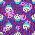 Cupcake with blueberry on purple seamless pattern