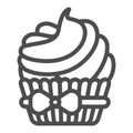 Cupcake with bow and cream frosting line icon, pastry concept, creamy muffin icing vector sign on white background Royalty Free Stock Photo