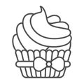 Cupcake with bow and cream frosting thin line icon, pastry concept, creamy muffin icing vector sign on white background Royalty Free Stock Photo