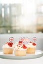 Cupcake with British Union jack flag and poppy flower. Remembrance Day. Vertical card. Selective focus, copy space.