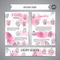 Cupcake brochure with handdrawn cupcakes and pink splashes. Delicious pastry slogan. Bakery banner confectionery Vector