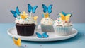 cupcake with butterfly Cupcakes with cream and sugar butterflies and birthday candles on a white plate. Royalty Free Stock Photo