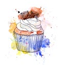 Cupcake cake with chocolate. Watercolor