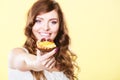 Cupcake cake in woman hand. Sweet food. Royalty Free Stock Photo
