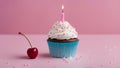cupcake with candle A birthday cupcake with a pink candle and a cherry on top. The cupcake has white frosting Royalty Free Stock Photo