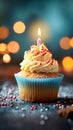 Cupcake with candle, birthday delight, bokeh lights backdrop, festive