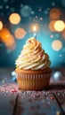 Cupcake with candle, birthday delight, bokeh lights backdrop, festive