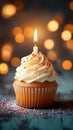 Cupcake with candle, birthday delight, bokeh lights backdrop, festive