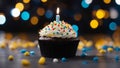 cupcake with candle A festive photo of a single birthday cupcake with a lit candle on top. The cupcake is chocolate flavor Royalty Free Stock Photo