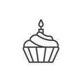 Cupcake with candle line icon, outline vector sign, linear style pictogram isolated on white.