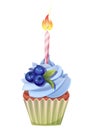 Cupcake with a candle on a white background. Happy birthday illustration. Muffin with cream and blueberries.