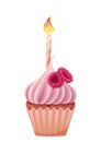 Cupcake with a candle on a white background. Happy birthday illustration. Muffin with cream and raspberries.