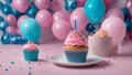 cupcake with candles A birthday cupcake with pink frosting and a candle on a white plate. blue frosting and sprinkles. Royalty Free Stock Photo