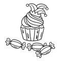 Cupcake and Candy Isolated Coloring Page for Kids