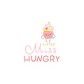 Cupcake with candy sprinkles cute smile. Postcard with lettering. Little Miss Hungry. Hand drawn cartoon doodle kawaii