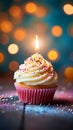 Cupcake celebration, birthday delight, candle on bokeh background, festive