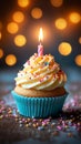 Cupcake celebration, birthday delight, candle on bokeh background, festive