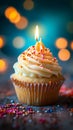 Cupcake celebration, birthday delight, candle on bokeh background, festive