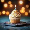 Cupcake celebration, birthday delight, candle on bokeh background, festive