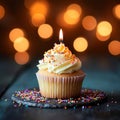 Cupcake celebration, birthday delight, candle on bokeh background, festive