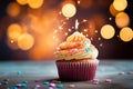Cupcake celebration, birthday delight, candle on bokeh background, festive