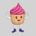 Cupcake Character with Sweet Pink Cream. Showing Victory Signs with it`s Hands. Vector Illustration