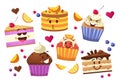 Cupcake characters. Kawaii cartoon muffins, sweet cake mascots with cute emoticon faces, tasty bakery food funny Royalty Free Stock Photo