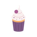 Cupcake with cherries, sweet muffin with cream, vector flat illustration