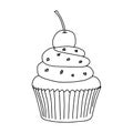 Cupcake with cherry and cream in the style of Doodle.Black and white image of baking.Monochrome.Outline drawing by hand.Sweet