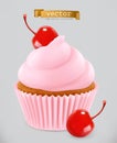 Cupcake with cherry. 3d vector icon