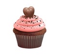 Cupcake with choco heart. Isolated muffin, chocolate bake dessert. Sweet cream food, realistic biscuit and candy vector Royalty Free Stock Photo