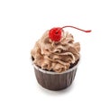 Cupcake with chocolate cream and maraschino cherry in paper form