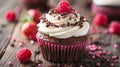 A cupcake with chocolate frosting and white sprinkles on top, AI Royalty Free Stock Photo