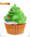 Cupcake. Christmas decorations, 3d vector icon