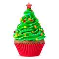 Cupcake. Christmas Tree cupcake with star on top. Red cup liners. Merry Christmas. Tasty baking cupcakes, cake or muffin Royalty Free Stock Photo