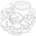 Cupcake and coffee. With orange, blueberry and mint.Tasty sweets.Coloring book antistress for children and adults