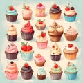 cupcake collection, flat colors, cute simple design, watercolor. AI generated