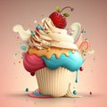 Cupcake with colorful cream and strawberries. Generative ai Royalty Free Stock Photo