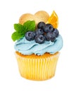 Cupcake with cookies, fresh blueberries, mint and slices of orange