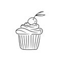 Cupcake with cream and cherry decoration on the top. Hand drawn vector sketch illustration in simple doodle engraved vintage style Royalty Free Stock Photo