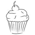 Cupcake with cream and cherry on the top sketch black outline illustration isolated on white background. Hand drawn vector drawing Royalty Free Stock Photo