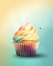 Cupcake with cream and splashes of paint. Vector illustration