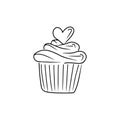 Cupcake with creamand heart decoration on the top. Hand drawn vector sketch illustration in simple doodle engraved vintage style.