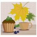 Cupcake, cup, mint, berries on wooden table, maple leaves on brick wall backgrond.