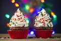 Cupcake. Cupcakes and Christmas Tree. Merry Christmas. Red cup liners. Tasty baking cupcakes, cake or muffin
