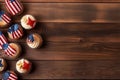 Cupcake decorated with american flag for happy Independence Day 4th july background. Holidays table top view Royalty Free Stock Photo