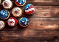 Cupcake decorated with american flag for happy Independence Day 4th july background. Holidays table top view Royalty Free Stock Photo