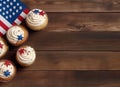 Cupcake decorated with american flag for happy Independence Day 4th july background. Holidays table top view Royalty Free Stock Photo