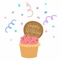 Cupcake decorated with cookie and happy birthday greeting with confetti on background. Holiday dessert vector illustration Royalty Free Stock Photo