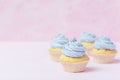 Cupcake decorated with violet buttercream on pastel pink background. Sweet beautiful cake. Horizontal banner, greeting card for bi Royalty Free Stock Photo